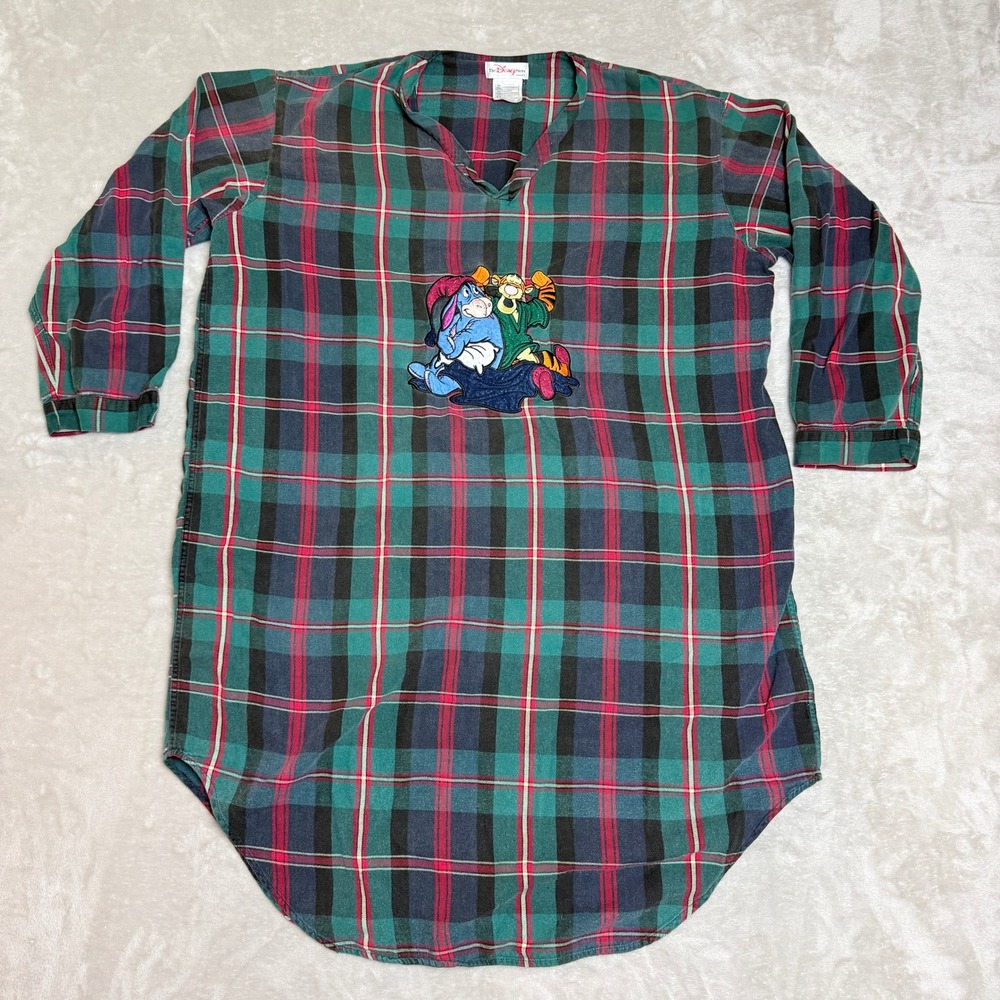 Vintage Disney Store Eeyore Tigger Nightshirt Women OS Plaid Flannel Sleepwear